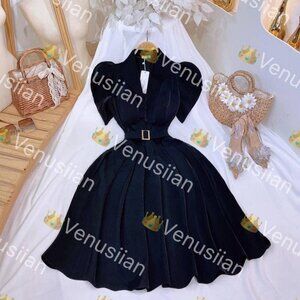 BLACK PADDED SHIRTWAIST MIDI DRESS VINTAGE STYLE WOMEN'S CLOTHING DRESSES BLACK